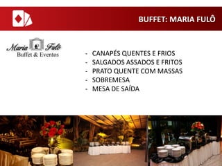 BUFFET: MARIA FULÔ

-

CANAPÉS QUENTES E FRIOS
SALGADOS ASSADOS E FRITOS
PRATO QUENTE COM MASSAS
SOBREMESA
MESA DE SAÍDA

 