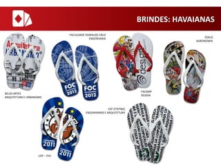 BRINDES: HAVAIANAS
FACULDADE OSWALDO CRUZ
ENGENHARIA

FACAMP
DESIGN

BELAS ARTES
ARQUITETURA E URBANISMO

USF (ITATIBA)
ENGENHARIAS E ARQUITETURA

USP – FEA

ESALQ
AGRONOMIA

 