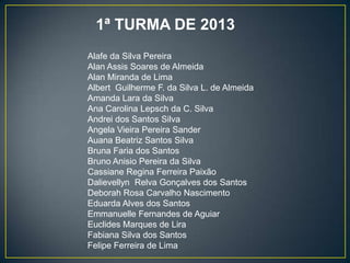 1ª TURMA DE 2013
Alafe da Silva Pereira
Alan Assis Soares de Almeida
Alan Miranda de Lima
Albert Guilherme F. da Silva L. de Almeida
Amanda Lara da Silva
Ana Carolina Lepsch da C. Silva
Andrei dos Santos Silva
Angela Vieira Pereira Sander
Auana Beatriz Santos Silva
Bruna Faria dos Santos
Bruno Anisio Pereira da Silva
Cassiane Regina Ferreira Paixão
Dalievellyn Relva Gonçalves dos Santos
Deborah Rosa Carvalho Nascimento
Eduarda Alves dos Santos
Emmanuelle Fernandes de Aguiar
Euclides Marques de Lira
Fabiana Silva dos Santos
Felipe Ferreira de Lima

 