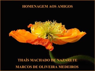 HOMENAGEM AOS AMIGOS
THAÍS MACHADO DE NAZARETE
MARCOS DE OLIVEIRA MEDEIROS
 