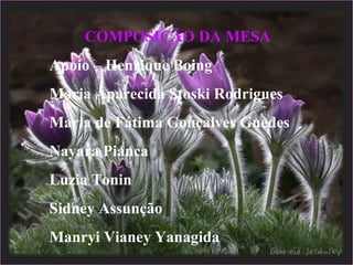 COMPOSIÇÃO DA MESA
Apoio – Henrique Boing
Maria Aparecida Stoski Rodrigues
Maria de Fátima Gonçalves Guedes
Nayara Pianca
Luzia Tonin
Sidney Assunção
Manryi Vianey Yanagida
 