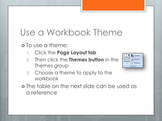 Use a Workbook Theme
 To   use a theme:
 1.    Click the Page Layout tab
 2.    Then click the Themes button in the
       Themes group
 3.    Choose a theme to apply to the
       workbook
 Thetable on the next slide can be used as
 a reference
 