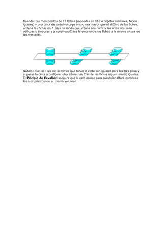 Usando tres montoncitos de 15 fichas (monedas de $10 u objetos similares, todos
iguales) y una cinta de cartulina cuyo ancho sea mayor que el diᠤtro de las fichas,
ordena las fichas en 3 pilas de modo que sᠤuna sea recta y las otras dos sean
oblicuas o sinuosas y a continuaciᠤasa la cinta entre las fichas a la misma altura en
las tres pilas.
Notarᠤ que las ᠤas de las fichas que tocan la cinta son iguales para las tres pilas y
si pasas la cinta a cualquier otra altura, las ᠤas de las fichas siguen siendo iguales.
El Pricipio de Cavalieri asegura que si esto ocurre para cualquier altura entonces
las tres pilas tienen el mismo volumen.
 