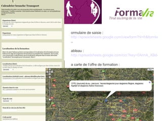 Formulaire de saisie :  http://spreadsheets.google.com/viewform?hl=fr&formkey=dE1fc2NnbUFId3hkUDM0YklvVFRqWWc6MA .. Tableau :  http://spreadsheets.google.com/ccc?key=0AnnA_XBd-HtvdE1fc2NnbUFId3hkUDM0YklvVFRqWWc&hl=fr La carte de l’offre de formation :  http://www.formavia.fr/carto/cal_transport.php 