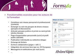 Fonctionnalités avancées pour les acteurs de la Formation Constituer son réseau personnel et professionnel (contacts) Echanger au sein de groupes de divers niveaux (groupes et discussions) Articuler groupes publics et privés ou semi-privés (droits d'accès) Page d'organisation personnelle (suivi) et profil public (identité) Publication individuelle ou collective (blogs) Echange de fichiers Ecriture collaborative (pages « wiki ») Intégration de services tiers (par ex. CV Europass) Messagerie et notifications par mail (suivi) ... 
