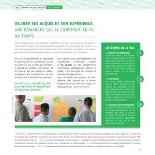 VAE & ANIMATEURS MULTIMéDIA

la démarche

valider ses acquis et son expérience,
une démarche qui se construit au fil
du temps
Tout individu acquiert de nouvelles compétences de part son expérience professionnelle, dans le cadre d’un investissement associatif, ou encore grâce à ses loisirs. Ce
sont des savoirs formels et/ou informels qu’il est nécessaire de valider pour envisager une reconversion professionnelle ou une (re)valorisation de son emploi.
Pour cela il est préférable de capitaliser
les preuves de ses compétences au fur
et à mesure, via un blog par exemple.
Il permet de raconter ses projets, de
les illustrer par des photos et vidéos,
d’expliquer ses compétences via des
articles sous la forme d’un e-portfolio.

Fotolia (c) Earl Robbins

La VAE c’est une démarche,
une méthode de travail qui
se duplique ailleurs.

Pour valider plus spécifiquement des
compétences numériques comme
le B2i adultes4 ou des compétences
numériques pédagogiques comme le
C2i2e5, il est demandé de raconter et
prouver ses expériences.
Pour constituer son dossier de compétences dès aujourd’hui, le réseau
régional FormaVia offre un espace individualisé sur www.formavia.fr.

les étapes de la vae
> Vérifier un prérequis
Il faut au moins 3 ans d’expérience, acquise dans une entreprise, dans le secteur public ou
une association, en tant qu’indépendant, salarié ou bénévole.
Il n’y a aucun critère d’âge, de
niveau scolaire ou de statut
professionnel.
> S’informer
Les Points Relais Information
Conseil (PRIC) vérifient la pertinence des demandes de VAE
puis identifient les certifications
appropriées. Ils mettent les candidats en relation avec les organismes valideurs. Ce service est
gratuit et individualisé.
> Solliciter un financement
Le coût de la VAE peut être pris
en charge partiellement ou totalement par l’Etat, la Région,
les OPCA6, le FONGECIF7. Les en-

1

2

3

treprises peuvent également
financer le coût de la VAE
pour leurs salariés.

4

B2i adultes > Le Brevet internet et informatique est une attestation qui certifie la maîtrise de la compétence numérique ainsi que l’usage sûr et critique des

technologies de la société de l’information. Pour obtenir le B2i adultes, les candidats doivent faire la preuve de leurs compétences auprès de centres agréés (EPN
ou Organisme de Formation).

5

C2i2e > Le Certificat Informatique et Internet niveau 2 - Enseignant est une certification qui permet en France de valider l’utilisation

professionnelle des outils informatiques et internet pour l’enseignement et l’apprentissage. 6 OPCA collectent des fonds de la formation professionnelle et continue
des structures adhérentes.

7

FONGECIF > Organismes de financement du Congé Individuel de Formation, du Bilan de Compétence ou de la VAE.

3

 