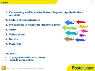 2
Indice



   1. L’eLearning nell’Accordo Stato – Regioni: applicabilità e
      requisiti

   2. Sede e strumentazione

   3. Programma e materiale didattico formalizzato

   4. Tutor

   5. Valutazione

   6. Durata

   7. Materiali



   ALLEGATI
   •.      Il programma del corso online
   •.      Scheda corso online


        RUO – FSRU – Formazione Tecnico-Specialistica e Finanziata
    14/12/12
 