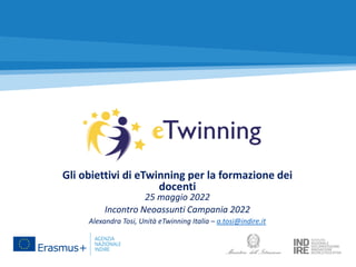 Gli obiettivi di eTwinning per la formazione dei
docenti
25 maggio 2022
Incontro Neoassunti Campania 2022
Alexandra Tosi, Unità eTwinning Italia – a.tosi@indire.it
 