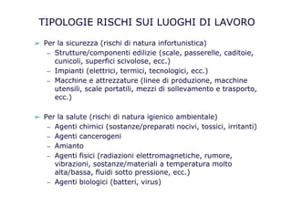 TIPOLOGIE RISCHI SUI LUOGHI DI LAVORO
➢ Per la sicurezza (rischi di natura infortunistica)
– Strutture/componenti edilizie (scale, passerelle, caditoie,
cunicoli, superfici scivolose, ecc.)
– Impianti (elettrici, termici, tecnologici, ecc.)
– Macchine e attrezzature (linee di produzione, macchine
utensili, scale portatili, mezzi di sollevamento e trasporto,
ecc.)
➢ Per la salute (rischi di natura igienico ambientale)
– Agenti chimici (sostanze/preparati nocivi, tossici, irritanti)
– Agenti cancerogeni
– Amianto
– Agenti fisici (radiazioni elettromagnetiche, rumore,
vibrazioni, sostanze/materiali a temperatura molto
alta/bassa, fluidi sotto pressione, ecc.)
– Agenti biologici (batteri, virus)
 