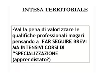 INTESA TERRITORIALE Val la pena di valorizzare le qualifiche professionali magari pensando a  FAR SEGUIRE BREVI MA INTENSIVI CORSI DI “SPECIALIZZAZIONE (apprendistato?) 