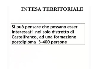 INTESA TERRITORIALE Si può pensare che possano esser interessati  nel solo distretto di Castelfranco, ad una formazione postdiploma  3-400 persone 