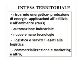 INTESA TERRITORIALE - risparmio energetico- produzione di energie- applicazioni all’edilizia e all’ambiente (rau3) - automazione industriale - nuove e nano tecnologie -  logistica e servizi i legati alla logistica - commercializzazione e marketing e altro, 