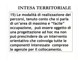 INTESA TERRITORIALE 15) Le modalità di realizzazione dei percorsi, tenuto conto che si parla di un’area di massima e “facile” occupazione,  può essere oggetto di una progettazione ad hoc ma non può prescindere da un intervento orientativo che coinvolga tutte le componenti interessate  comprese le agenzie per il collocamento. 