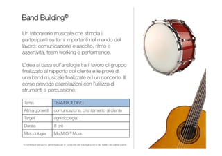 Un laboratorio musicale in cui si sperimenta in modo
coinvolgente l’importanza di comunicazione e ascolto,
ritmo e assertività, team working e performance.
L’idea si basa sull’analogia tra il lavoro di gruppo ﬁnalizzato
a fornire servizi al cliente e le prove di una band musicale
in funzione di un concerto.
Il corso prevede esercitazioni con l’utilizzo di strumenti
a percussione e a corda.
INDICE
BAND BUILDING
TEAM BUILDING
Team Building
Comunicazione
1 giornata
Contenuti personalizzati per
impiegati, quadri e dirigenti
Me.M.O.® Music
EROE IN VIAGGIO
ORIENTAMENTO AL RISULTATO
 