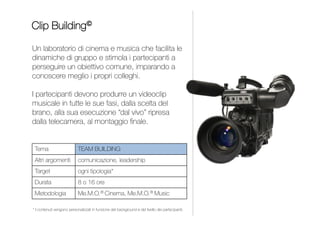 Un laboratorio di scrittura che sviluppa la capacità
di comunicare in tutte le forme e di lavorare in un team
organizzato e coordinato da un leader. I partecipanti,
divisi in gruppi, realizzano un quotidiano come una vera
redazione, selezionando le tematiche, scrivendo gli articoli
e scegliendo le immagini.
Al termine i giornali sono commentati da tutti i gruppi di lavoro.
JOURNAL BUILDING
1 giornata
Contenuti personalizzati per
impiegati, quadri e dirigenti
Me.M.O.® Writing
TEAM BUILDING
Team Building
Comunicazione
INDICE
JOB ON CANVAS
ORIENTAMENTO PROFESSIONALE
 