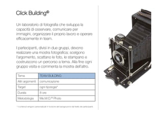 INDICE
Un laboratorio di fotografia che sviluppa la capacità
di osservare, comunicare per immagini, organizzare
il proprio lavoro e operare efficacemente in team.
I partecipanti, divisi in gruppi, devono realizzare
una mostra fotografica: scelgono l’argomento, scattano
le foto, le stampano e costruiscono un percorso a tema.
Al termine del laboratorio ogni gruppo dovrà visitare
e commentare la mostra degli altri.
CLICK BUILDING
1 giornata
Contenuti personalizzati per
impiegati, quadri e dirigenti
Me.M.O.® Photo
TEAM BUILDING
Team Building
Comunicazione
INDICE
FILM BUILDING
TEAM BUILDING
 