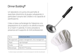 DINNER BUILDING
Contenuti personalizzati per
impiegati, quadri e dirigenti
TEAM BUILDING
Un laboratorio di cucina che permette di esercitare dinamiche
di gruppo sviluppando in particolare il proprio lato creativo
e la capacità di pianificazione. L’idea si basa sull’analogia tra
l’ideazione, l’organizzazione e la preparazione di un pranzo
e le attività svolte da un team in azienda.
Il corso prevede la presenza ed il supporto di chef professionisti.
1 giornata Me.M.O.® Cooking
Team Building
Project Management
CLIP BUILDING
TEAM BUILDING
INDICE
 