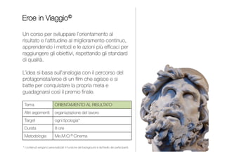 Un innovativo business game per il project management che
insegna le tecniche per la gestione ottimale degli elementi
di un progetto: obiettivi, tempi, costi, risorse e criticità.
L’idea si basa sull’analogia tra il regista e il project manager
e tra la realizzazione di un film e quella di un progetto.
Il corso prevede autovalutazioni delle capacità e numerose
esercitazioni pratiche.
INDICE
CIAK DEL MANAGER
PROJECT MANAGEMENT
Project management
Time management
Da 1 a 4 giornate
Supervisori, capi progetto,
quadri e dirigenti
Me.M.O.® Cinema
 