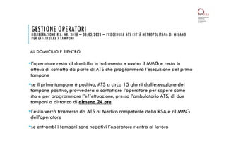 GESTIONE OPERATORI
DELIBERAZIONE R.L. NR. 3018 – 30/03/2020 – PROCEDURA ATS CITTÀ METROPOLITANA DI MILANO
PER EFFETTUARE I TAMPONI
l’operatore resta al domicilio in isolamento e avvisa il MMG e resta in
attesa di contatto da parte di ATS che programmerà l’esecuzione del primo
tampone
se il primo tampone è positivo, ATS a circa 15 giorni dall’esecuzione del
tampone positivo, provvederà a contattare l’operatore per sapere come
sta e per programmare l’effettuazione, presso l’ambulatorio ATS, di due
tamponi a distanza di almeno 24 ore
l’esito verrà trasmesso da ATS al Medico competente della RSA e al MMG
dell’operatore
se entrambi i tamponi sono negativi l’operatore rientra al lavoro
AL DOMICILIO E RIENTRO
 