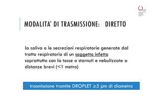 MODALITA’ DI TRASMISSIONE: DIRETTO
la saliva o le secrezioni respiratorie generate dal
tratto respiratorio di un soggetto infetto
soprattutto con la tosse o starnuti e nebulizzate a
distanze brevi (<1 metro)
trasmissione tramite DROPLET ≥5 µm di diametro
 