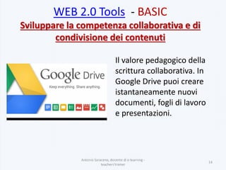 Antonio Saraceno, docente di e-learning -
teachers'trainer
14
Il valore pedagogico della
scrittura collaborativa. In
Google Drive puoi creare
istantaneamente nuovi
documenti, fogli di lavoro
e presentazioni.
WEB 2.0 Tools - BASIC
Sviluppare la competenza collaborativa e di
condivisione dei contenuti
 