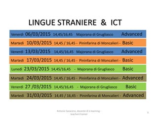 LINGUE STRANIERE & ICT
Antonio Saraceno, docente di e-learning -
teachers'trainer
3
Venerdì 06/03/2015 14,45/16,45 Majorana di Grugliasco Advanced
Venerdì 13/03/2015 14,45/16,45 Majorana di Grugliasco Advanced
Martedì 10/03/2015 14,45 / 16,45 - Pininfarina di Moncalieri - Basic
Martedì 17/03/2015 14,45 / 16,45 - Pininfarina di Moncalieri - Basic
Lunedì 23/03/2015 14,45/16,45 - Majorana di Grugliasco Basic
Venerdì 27 /03/2015 14,45/16,45 - Majorana di Grugliasco Basic
Martedì 24/03/2015 14,45 / 16,45 - Pininfarina di Moncalieri - Advanced
Martedì 31/03/2015 14,45 / 16,45 - Pininfarina di Moncalieri - Advanced
 
