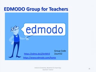 EDMODO Group for Teachers
Antonio Saraceno, docente di e-learning -
teachers‘ trainer
36
Group Code
2aum52
https://www.edmodo.com/home
https://edmo.do/j/knhkh3
 