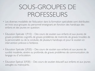 SOUS-GROUPES DE
                   PROFESSEURS
•   Les diverses modalités de l’éducation dans la formation spécialisée sont distribuées
    en trois sous-groupes du personnel enseignant, en fonction des handicaps des
    enfants et des jeunes en question:

•   Éducation Spéciale 1(910) – Des cours de soutien aux enfants et aux jeunes de
    graves problèmes cognitifs, de graves problèmes de motricité, de graves troubles de
    la personnalité ou de la conduite, de plusieurs handicaps et pour le soutien en
    intervention précoce à l’enfance.

•   Éducation Spéciale 2(920) – Des cours de soutien aux enfants et aux jeunes de
    surdité modérée, sévère ou profonde, de graves problèmes de communication, de
    langage ou d’ articulation.

•   Éducation Spécial 3(930) – Des cours de soutien éducatif aux enfants et aux jeunes
    aveugles ou malvoyants.
 