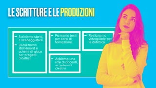 LESCRITTUREELEPRODUZIONI
- Scriviamo storie,
e sceneggiature.
- Realizziamo
storyboard e
schemi di gioco
per progetti
didattici.
- Forniamo testi
per corsi di
formazione.
- Realizziamo
videopillole per
la didattica.
- Abbiamo una
rete di docenti,
accademici,
creativi.
 
