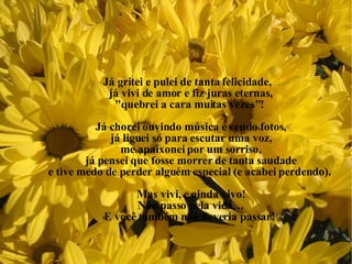 Já gritei e pulei de tanta felicidade, já vivi de amor e fiz juras eternas, "quebrei a cara muitas vezes"!  Já chorei ouvindo música e vendo fotos, já liguei só para escutar uma voz, me apaixonei por um sorriso, já pensei que fosse morrer de tanta saudade e tive medo de perder alguém especial (e acabei perdendo).  Mas vivi, e ainda vivo! Não passo pela vida… E você também não deveria passar!  