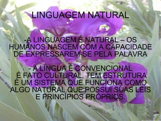LINGUAGEM NATURAL -A LINGUAGEM É NATURAL – OS HUMANOS NASCEM COM A CAPACIDADE DE EXPRESSAREM-SE PELA PALAVRA - A LÍNGUA É CONVENCIONAL É FATO CULTURAL, TEM ESTRUTURA É UM SISTEMA QUE FUNCIONA COMO ALGO NATURAL QUE POSSUI SUAS LEIS E PRINCÍPIOS PRÓPRIOS. 