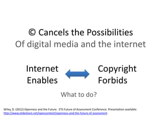 © Cancels the Possibilities
        Of digital media and the internet

                 Internet                                               Copyright
                 Enables                                                Forbids
                                           What to do?
Wiley, D. (2012) Openness and the Future. ETS Future of Assessment Conference. Presentation available:
http://www.slideshare.net/opencontent/openness-and-the-future-of-assessment
 