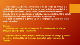 În acelaşi sat, alt câine, care nu era la fel de fericit ca primul, s-a
hotărât şi el să viziteze casa. A urcat cu greu scările, cu coada între
picioare şi capul lăsat. Când a văzut 1 000 de câini neprietenoşi
uitându-se la el, s-a speriat şi s-a zbârlit pe spate, mârâind. Când ceilalţi
1 000 de câini au început şi ei să mârâie, a fugit speriat.
O dată ieşit afară, s-a gândit: „E un loc îngrozitor, nu mă mai întorc
acolo niciodată!
Morala:
În viaţă toate chipurile sunt oglinzi. Tu ce fel de reflexie vezi pe
chipurile celor pe care-i întâlneşti?
Misiunea ta este foarte simplă: poartă-te frumos cu colegii şi invită-i
pe toţi cei din jurul tău să-ţi urmeze exemplul! Vei avea numai de
câştigat!
 