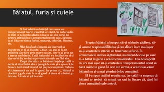 Băiatul, furia și cuiele
A fost odată un băiețel care avea un
temperament foarte irascibil si volatil. Se infuria din
te miri ce si in plus dadea vina pe cei din jurul lui
pentru atitudinea si comportamentele sale. Spunea
ca ei il fac se simta furios, suparat, infuriat, frustrat,
etc.
Atat tatal cat si mama au incercat sa
discute cu el si sa il ajute. Chiar l-au dus și la un
psiholog dar fara prea mare succes. Intr-o zi prin sat
a trecut un bătrân. Tatăl baiatului s-a întâlnit cu el și
din vorbă în vorba i-a povestit situația cu fiul său.
După discuția cu bătrânul înțelept tatăl a
decis să dea fiului său o pungă de cuie și a spus că de
fiecare dată când băiatul își pierde cumpătul, trebuia
să ciocnească un cui în gard. În prima zi, băiatul a
ciocănit 54 de cuie în acel gard. A doua zi a batut 52
de cuie. A treia zi 48 de cuie.
Treptat băiatul a început să-și schimbe gâdirea, să-
și asume responsabilitatea și era din ce în ce mai ușor
să-și controleze stările de frustrare și furie. În
următoarele câteva săptămâni, numărul de cuie pe care
le-a bătut în gard a scăzut considerabil. El a descoperit
că era mai ușor să-și controleze temperamentul decât să
bată cuiele în gard. În cele din urmă, a venit ziua când
băiatul nu și-a mai pierdut deloc cumpătul.
El i-a spus tatălui reușita sa, iar tatăl i-a sugerat că
băiatul ar trebui să scoată un cui în fiecare zi, când își
ținea cumpătul sub control.
 