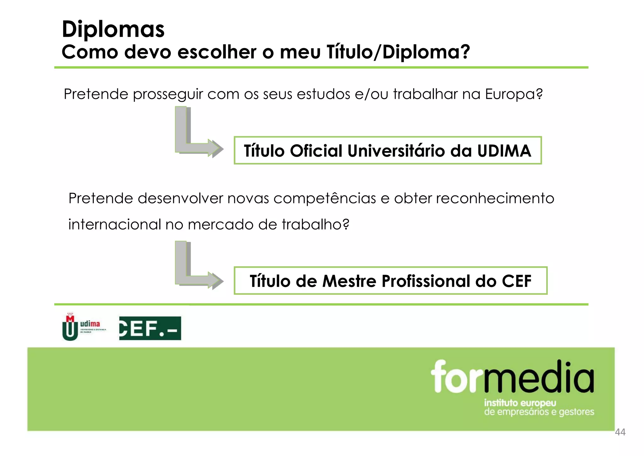 Diplomas
Como devo escolher o meu Título/Diploma?
44
Título de Mestre Profissional do CEF
Pretende prosseguir com os seus estudos e/ou trabalhar na Europa?
Pretende desenvolver novas competências e obter reconhecimento
internacional no mercado de trabalho?
Título Oficial Universitário da UDIMA
 