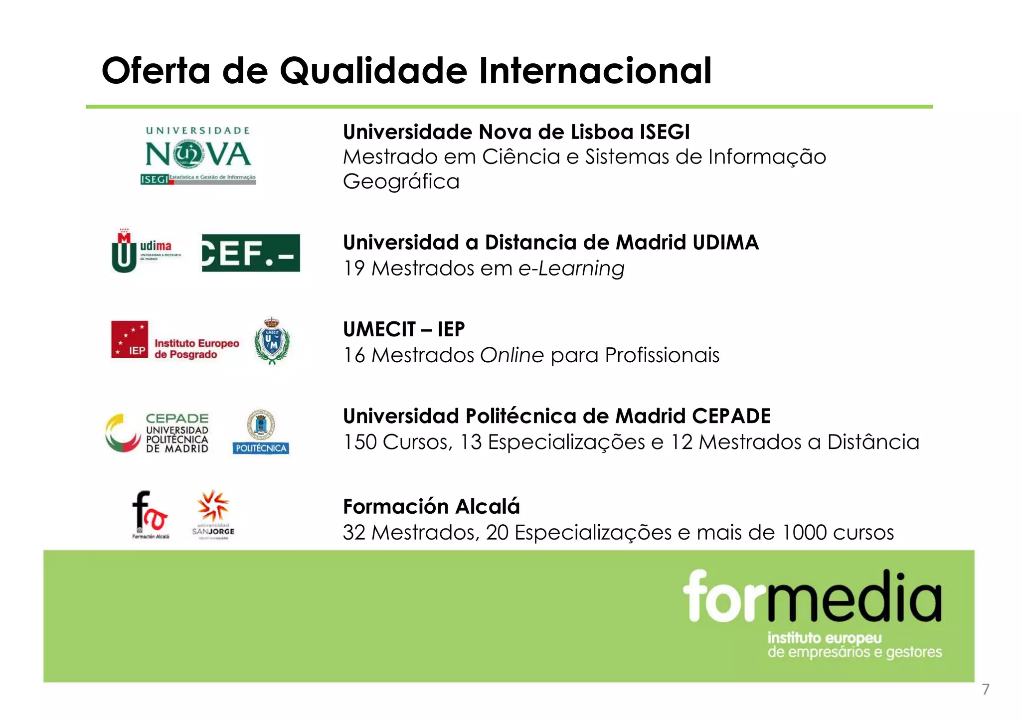 7
Oferta de Qualidade Internacional
Universidade Nova de Lisboa ISEGI
Mestrado em Ciência e Sistemas de Informação
Geográfica
Universidad a Distancia de Madrid UDIMA
19 Mestrados em e-Learning
UMECIT – IEP
16 Mestrados Online para Profissionais
Universidad Politécnica de Madrid CEPADE
150 Cursos, 13 Especializações e 12 Mestrados a Distância
Formación Alcalá
32 Mestrados, 20 Especializações e mais de 1000 cursos
 