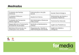 Mestrados
Cuidados de Feridas
Crónicas
Intervenção e Acção
Social Saúde Gerontológica
Cuidados Críticos e
Intensivos Medicina Interna Tratamentos de Apoio e
Cuidados Paliativos
Cuidados de Transporte
Médio Urgente
Microbiologia e Doenças
Infecciosas Tratamentos Naturais
Dependência e Tratamento
de Doente Acamados
Nutrição e Metabolismo
Clínico Urgências Pediátricas
Distúrbios Emocionais nas
Crianças e nos Jovens
Organização, Gestão e
Administração da Saúde
Urgências Médico-
cirúrgicas
72
 