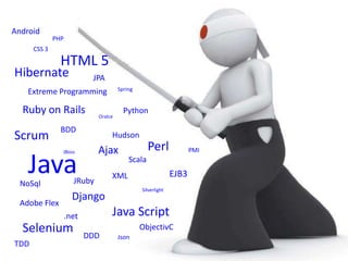 AndroidPHPCSS 3HTML 5HibernateJPASpringExtreme ProgrammingRubyonRailsPythonOralceBDDScrumHudsonPerlAjaxJavaPMIJBossScalaEJB3XMLJRubyNoSqlSilverlightDjangoAdobe FlexJava Script.netSeleniumObjectivCDDDJsonTDD