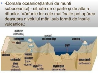 • -Dorsale oceanice(lanturi de munti
  suboceanici) - situate de o parte şi de alta a
  rifturilor. Vârfurile lor cele mai înalte pot apărea
  deasupra nivelului mării sub formă de insule
  vulcanice.;
 