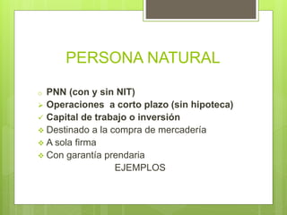 PERSONA NATURAL
o PNN (con y sin NIT)
 Operaciones a corto plazo (sin hipoteca)
 Capital de trabajo o inversión
 Destinado a la compra de mercadería
 A sola firma
 Con garantía prendaria
EJEMPLOS
 