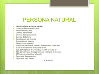PERSONA NATURAL
 Hipotecario de vivienda regular
 Garantía del mismo inmueble
 Financiamiento para:
 Compra de vivienda
 Compra de departamento
 Compra de terreno
 Construcción de vivienda
 Ampliación de vivienda
 Refacción de vivienda
 Hasta dos créditos de vivienda en el sistema financiero
 % de financiamiento de acuerdo al fin
 80% para compra de vivienda y construcción de “0”
 70% para compra de departamento y compra de terreno
 60% para ampliación y refacción
 Seguro de desgravamen
 Seguro de todo riesgo
EJEMPLO
 