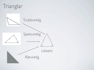 Trianglar

            Trubbvinklig


            Spetsvinklig



                           Likbent
             Rätvinklig
 