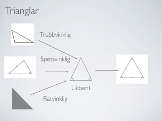 Trianglar

            Trubbvinklig


            Spetsvinklig



                           Likbent
             Rätvinklig
 