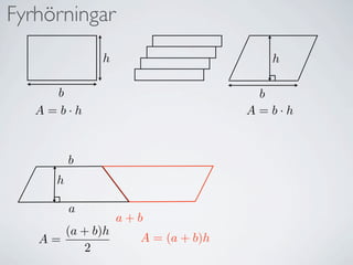 öԾԲ
             h                      h

     b                             b
   A=b·h                          A=b·h



         b
     h

         a
                 a+b
      (a + b)h
   A=              A = (a + b)h
         2
 