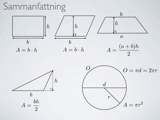 Sammanfattning
                                            b
                                        h
            h         h
                                            a
    b                b
                                       (a + b)h
  A=b·h             A=b·h           A=
                                          2

                            O                   O = πd = 2πr
                h
                                d
      b                             r
       bh
    A=                                          A = πr   2
        2
 