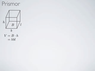 Prismor

h
    B     l
    b
V =B·h
  = hbl
 