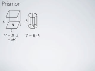 Prismor

h             h
    B     l       B
    b
V =B·h        V =B·h
  = hbl
 