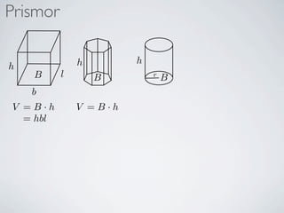 Prismor

              h        h
h
    B     l       B        r
                               B
    b
V =B·h        V =B·h
  = hbl
 