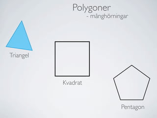 Polygoner
                     - månghörningar




Triangel



           Kvadrat


                                 Pentagon
 