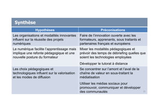 Synthèse
Hypothèses Préconisations
Les organisations et modalités innovantes
influent sur la réussite des projets
numériques
Faire de l’innovation ouverte avec les
formateurs, apprenants, sous traitants et
partenaires français et européens
Le numérique facilite l’apprentissage mais
implique une refonte pédagogique et une
nouvelle posture du formateur
Mixer les modalités pédagogiques et
prévoir des temps de débriefing quelles que
soient les technologies employées
Développer le tutorat à distance
Les choix pédagogiques et
technologiques influent sur la valorisation
et les modes de diffusion
Se concentrer sur l’amont et l’aval de la
chaîne de valeur en sous-traitant la
médiatisation
Utiliser les médias sociaux pour
promouvoir, communiquer et développer
des communautés 31
 